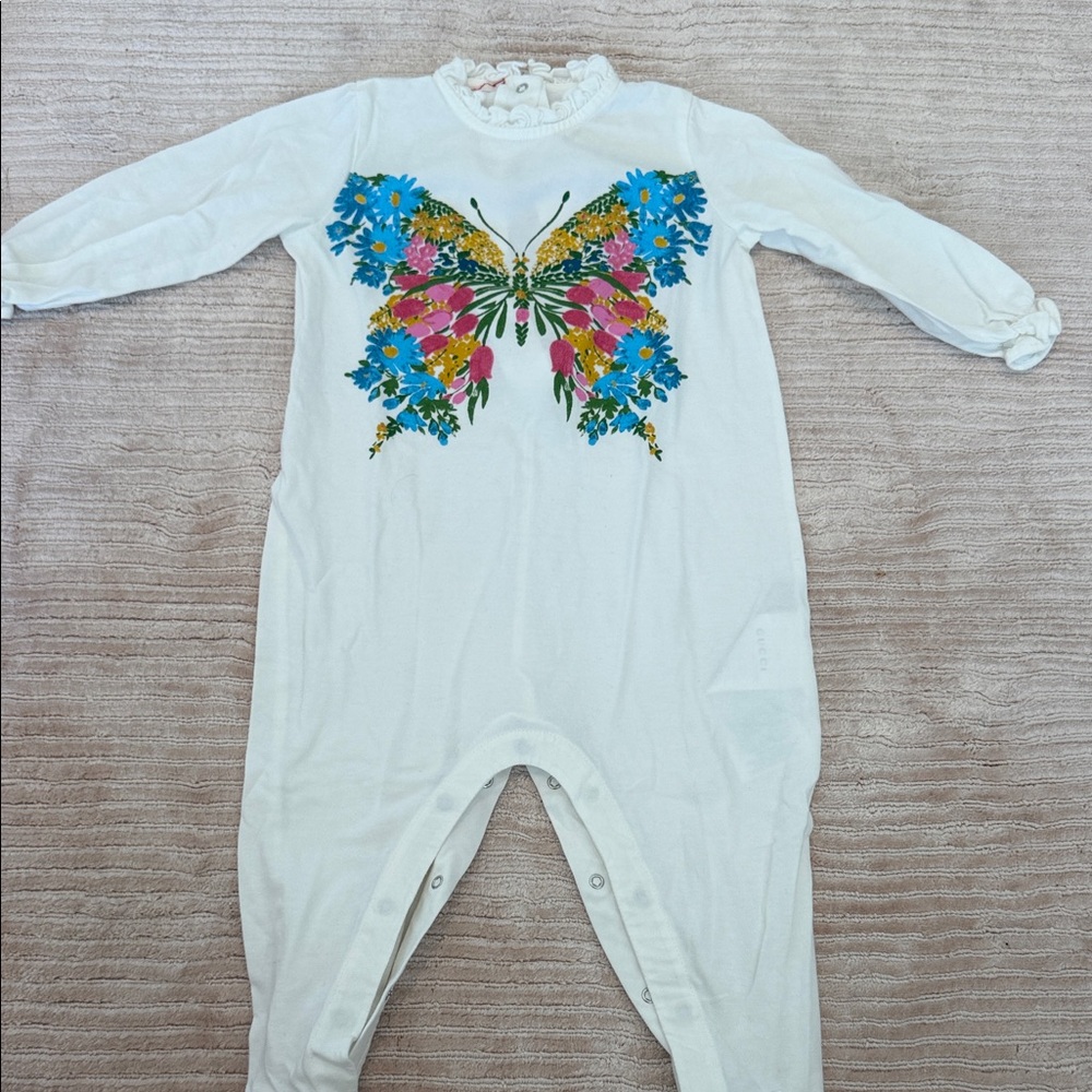 Gucci White Footie with Colorful Butterfly Floral Motif